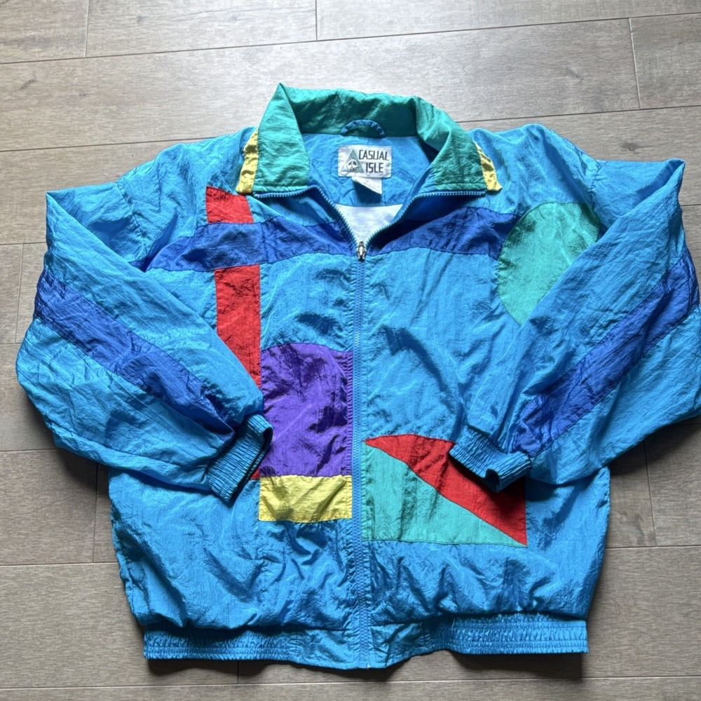 Vintage Casual Isle Windbreaker Mens Medium Blue Colorblock 90s Lined Jacket